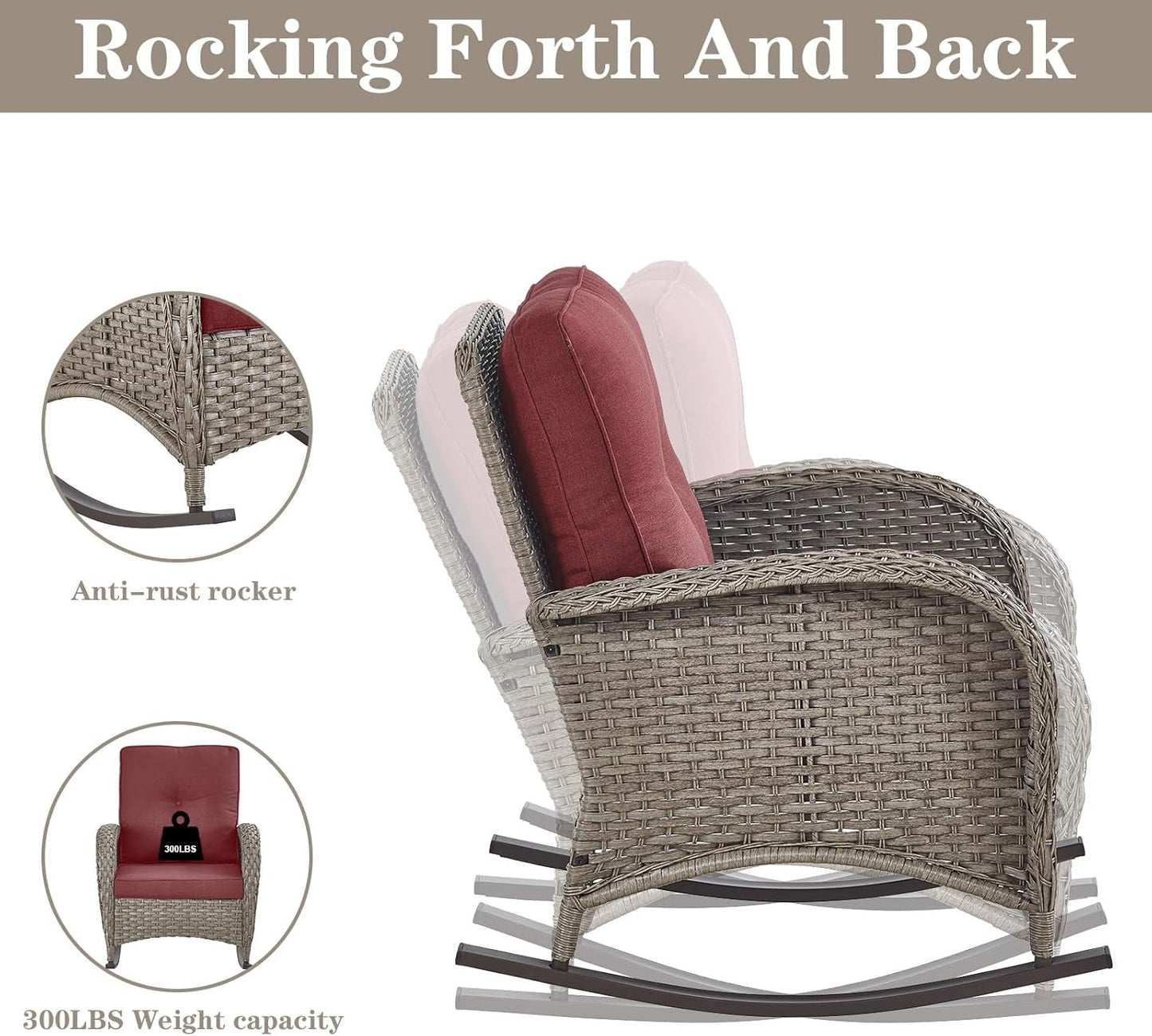 5 Piece Patio Rocking Chairs Furniture Set - Outdoor Wicker Furniture with Ottomans and Side Table, Rattan Conversation Bistro Set for Porch Balcony Backyard-3