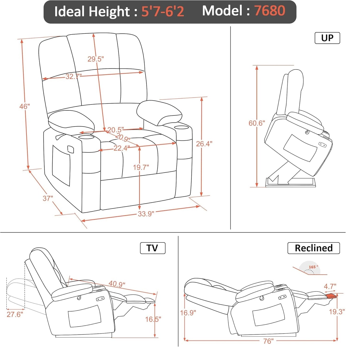Large Lay Flat Dual Motor Power Lift Recliner Chair Sofa with Massage and Heat for Elderly People, Infinite Position, Faux Leather 7680 (Dark Brown, Large)-2