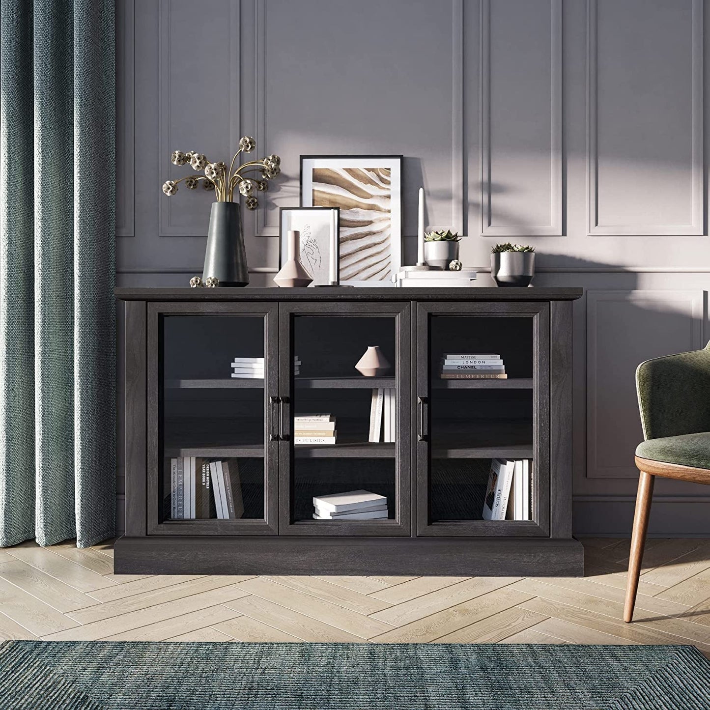 Rustic Gray Wood Sideboard with Glass Doors-0