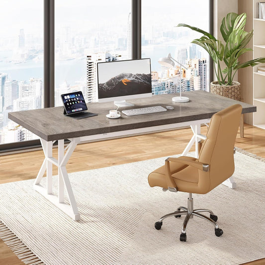 70.8-Inch Large Executive Desk, Modern Computer Office Desk, Wooden Writing Desk Study Table for Home Office, Grey-White-1