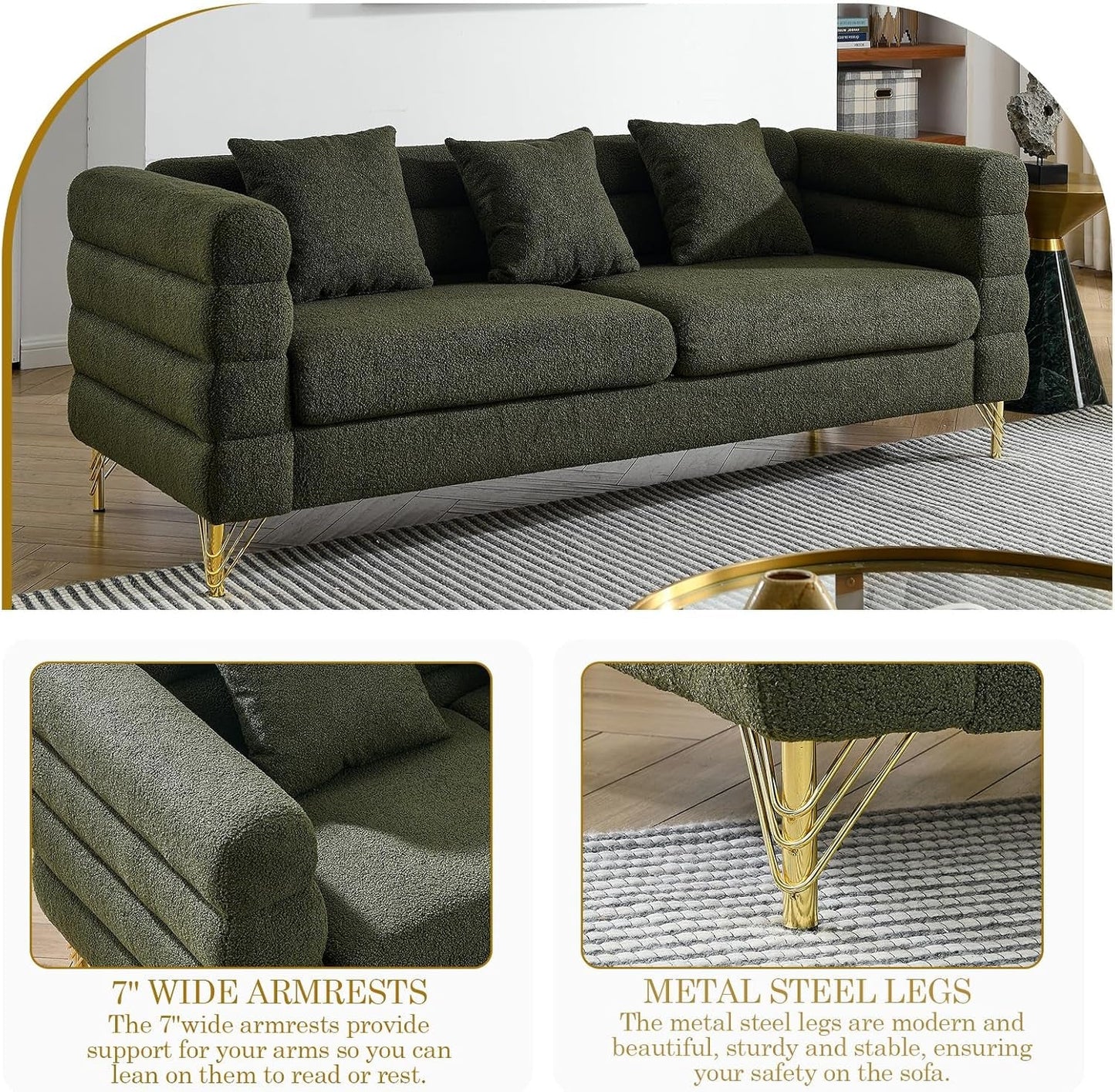 Sofa, 2 Pieces Sofa Set,Oversize 2/3 Seater Extra Deep Seat Sofa,Modern Upholstered Futon Sofa Couch, Comfy Teddy Bouclé Cloud Sofa,Furniture for Living Room,Bedroom,Office,Apartment(Green)-4