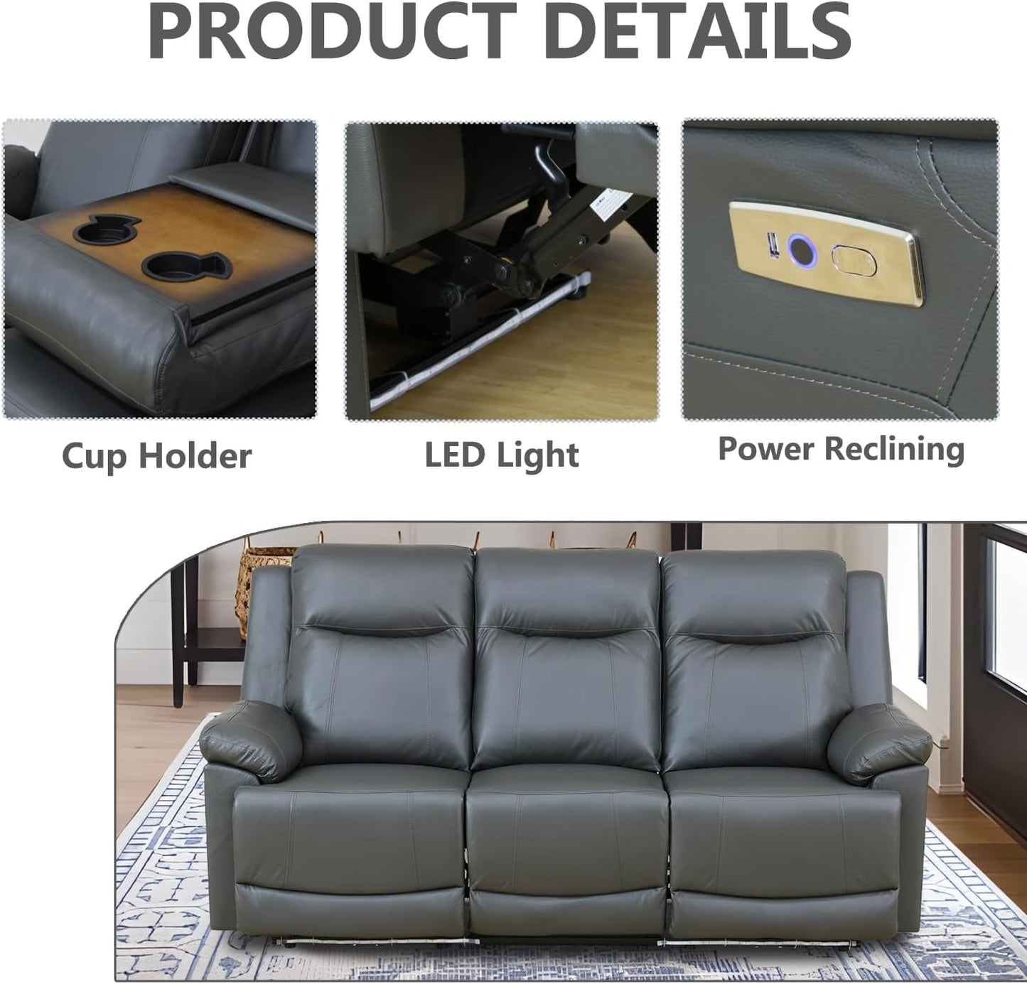 Power Leather Recliner Sofa Set with LED Lights,Living Room Furniture Set, Leather Sofa Set with USB Port/Storage Console/Cup Holders(Recliner Sofa Set) Dark Grey-4
