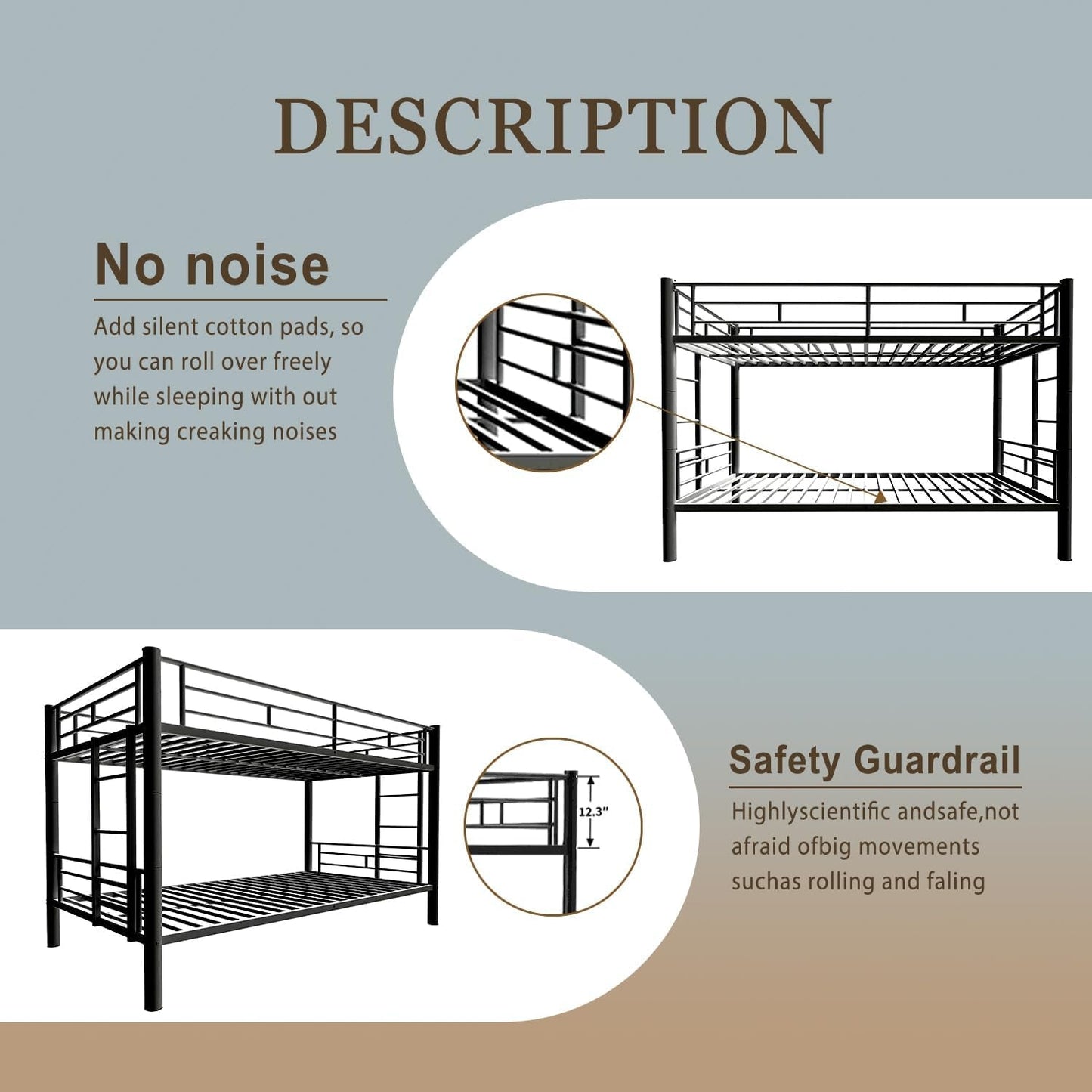 Metal Bunk Bed Twin over Twin Sturdy Heavy Duty Bunk Beds with 2 Side Ladders,Space Saving,No Box Spring Needed,For Boys Girls Teens Adults, Bedroom, Dormitory (Black)-4