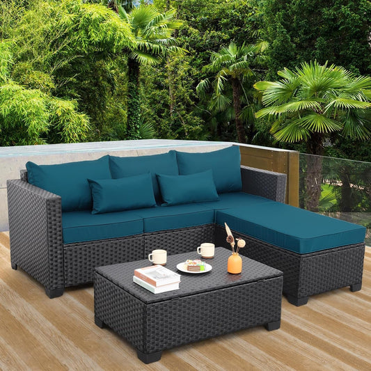 3 Pieces Patio Furniture Set Outdoor Sectional Wicker Patio Furniture Patio Couch with Ottoman and Outdoor Storage Table All-Weather Anti-Slip Cushions Waterproof Covers, Peacock Blue-1