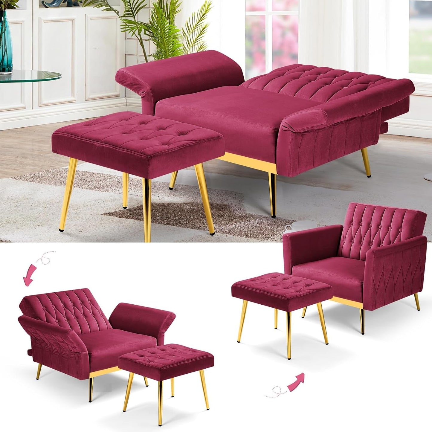 2 Pieces Velvet Futon Sofa Set with Adjustable Backrests and Armrests, 70” Convertible Sofa Bed & Tufted Accent Chair with Ottoman for Living Room, Fuchsia-4