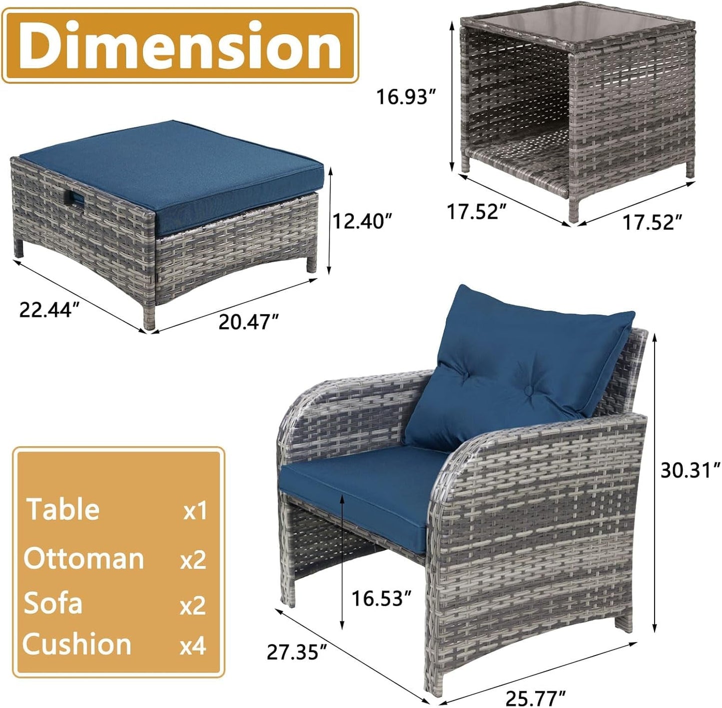 5 Pieces Wicker Outdoor Patio Chairs Set with Ottoman, All Weather PE Rattan Patio Conversation Furniture Set Outdoor Furniture Set with Hidden Ottoman for Poolside Garden Balcony, Blue-4