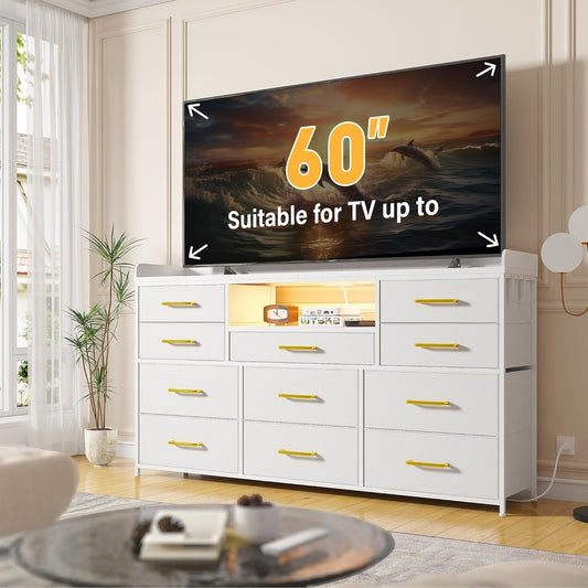 Dresser for Bedroom with 11 Drawers for 60" TV Stand for Bedroom with LED Lights & Charging Station Long Dresser with Shelves & 4 Hooks Sturdy Metal Frame & Fabric Drawers (White)-1