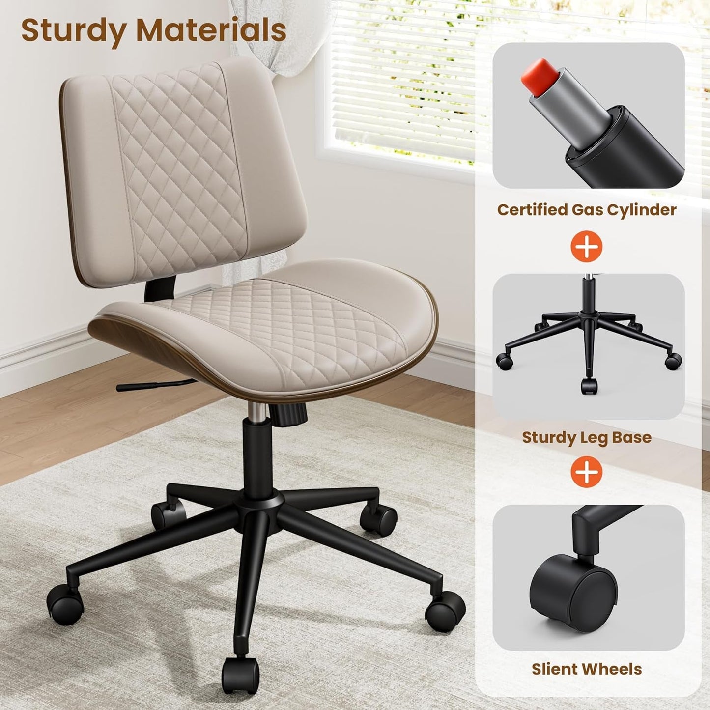 Beige Walnut Desk Chair, Armless, Wheels, Adjustable-4