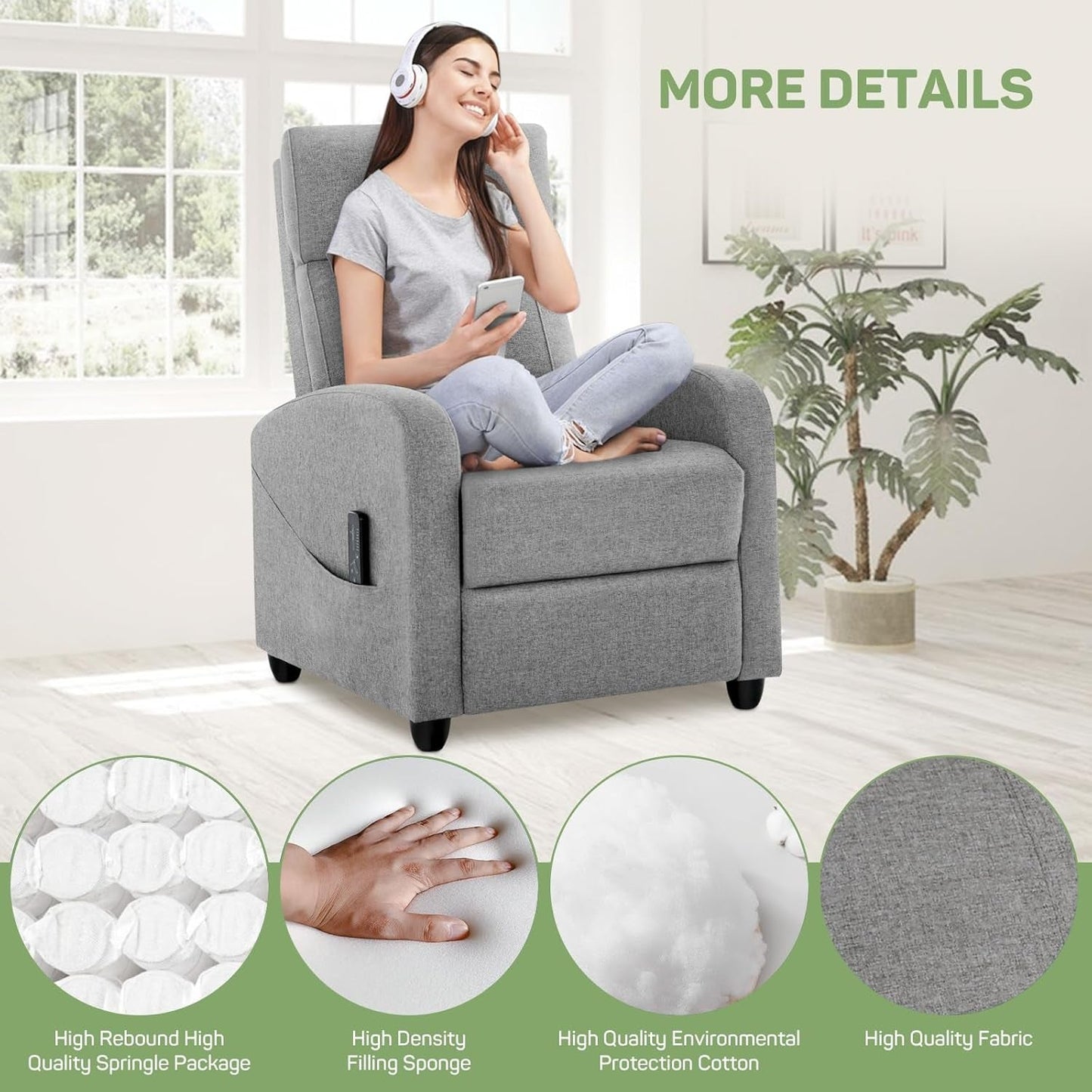 Recliner Chair with Massage and Lumbar Support, Small Fabric Home Theater Seating, Adjustable Modern Reclining Chair for Adults in Living Room-2