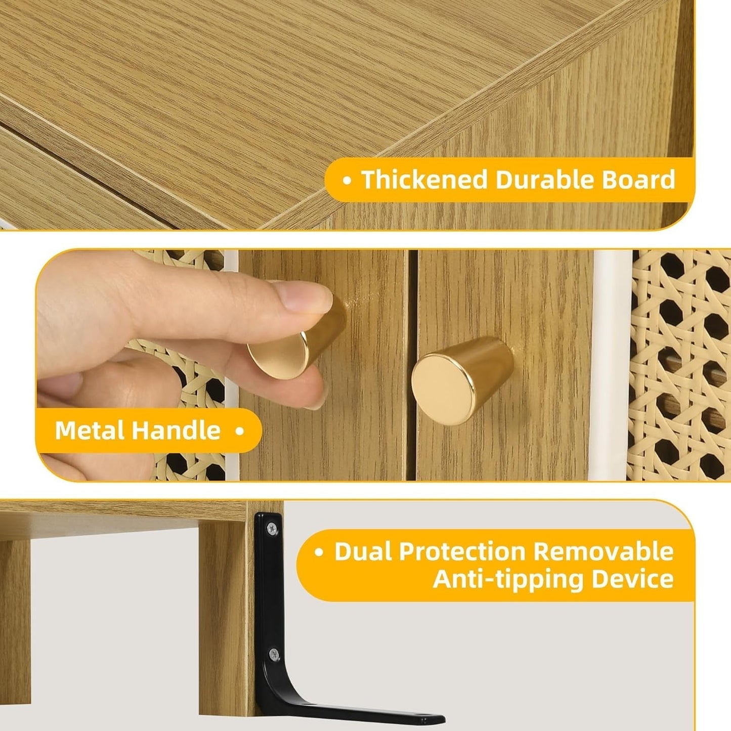 2 Pieces Sideboard Buffet - Kitchen Storage Cabinet with Rattan Doors/Dining Room/Hallway - Cupboard Console Table with Large Drawers - High Accent Cabinet 36" in Height-Natural-3