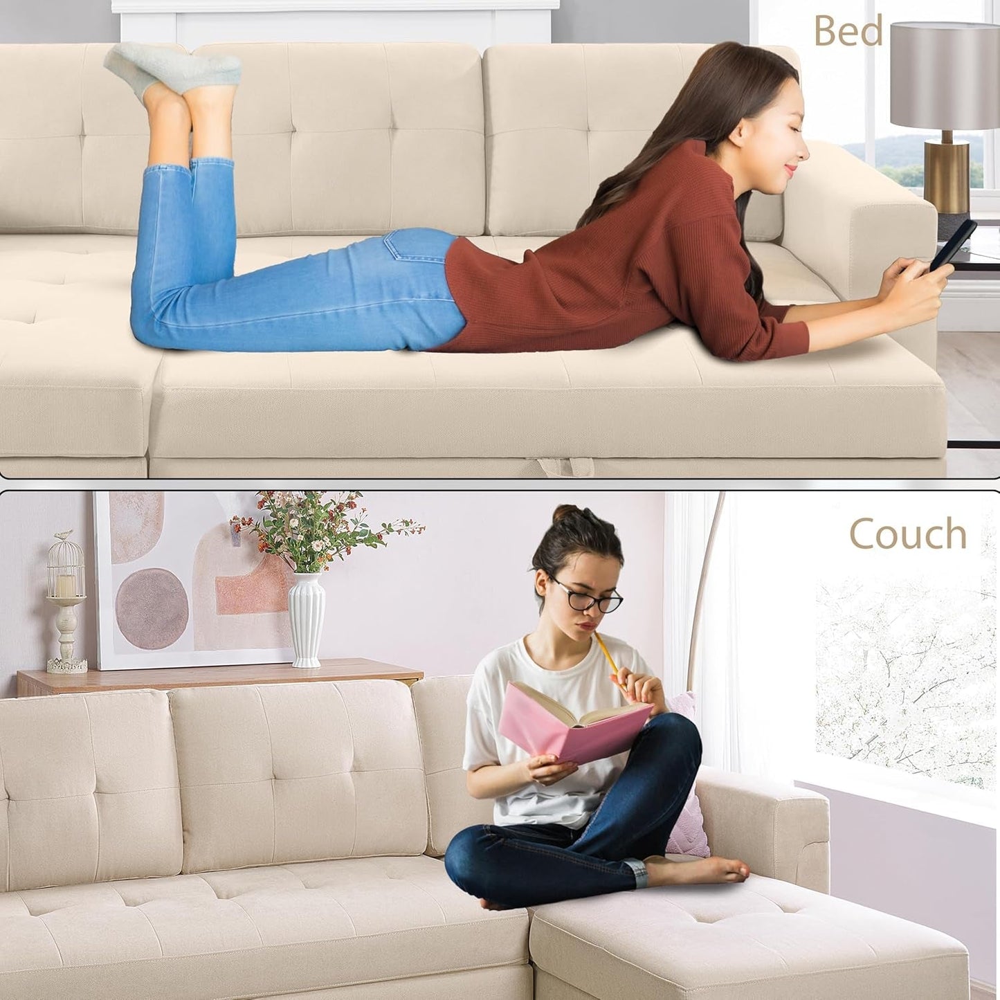 Transform Any Space: Sleeper Sectional Sofa with Convertible Sofa Bed & Inviting Chaise. Find Tranquil Comfort with Stress-Relieving Design & Durable Cushions - Beige/Velvet-4