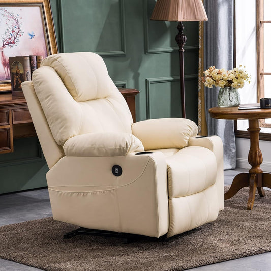 Electric Power Lift Recliner Chair Sofa with Massage and Heat for Elderly, 3 Positions, 2 Side Pockets, and Cup Holders, USB Ports, Faux Leather 7040 (Cream White, Medium)-1