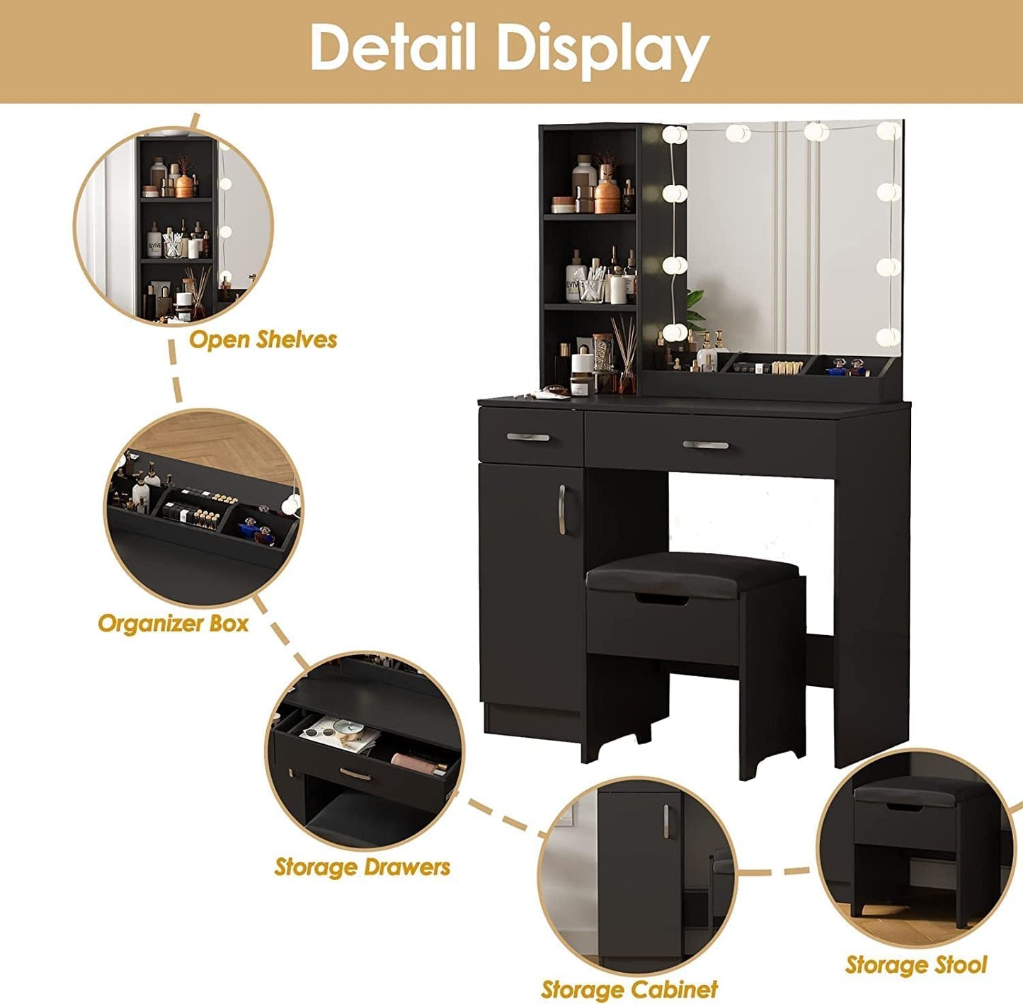 Makeup Vanity Desk with Lighted Mirror, 2 Drawers, Cabinet (Black)-4