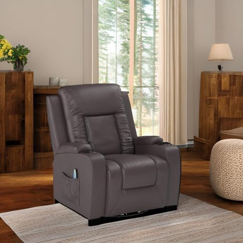 Recliner Chair, PU Rocking Chair for Adults, Swivel Recliner with Cup Holders, Heat and Massage, Single Sofa Seat with Side Pockets for Living Room, Bedroom (Brown)-4