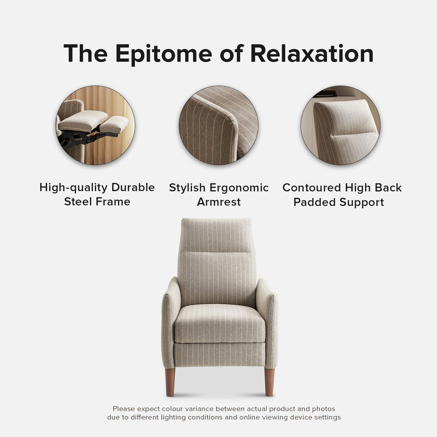 Arthur Recliner Chair with 3 Positions, Accent Chair, Mid Century Modern Reading Chair, High Back Padded Support Comfy Sleeper Armchair (Jacquard Taupe Stripe)-4