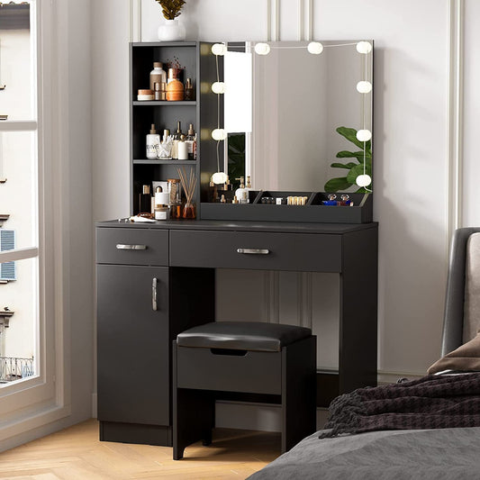 Makeup Vanity Desk with Lighted Mirror, 2 Drawers, Cabinet (Black)-1