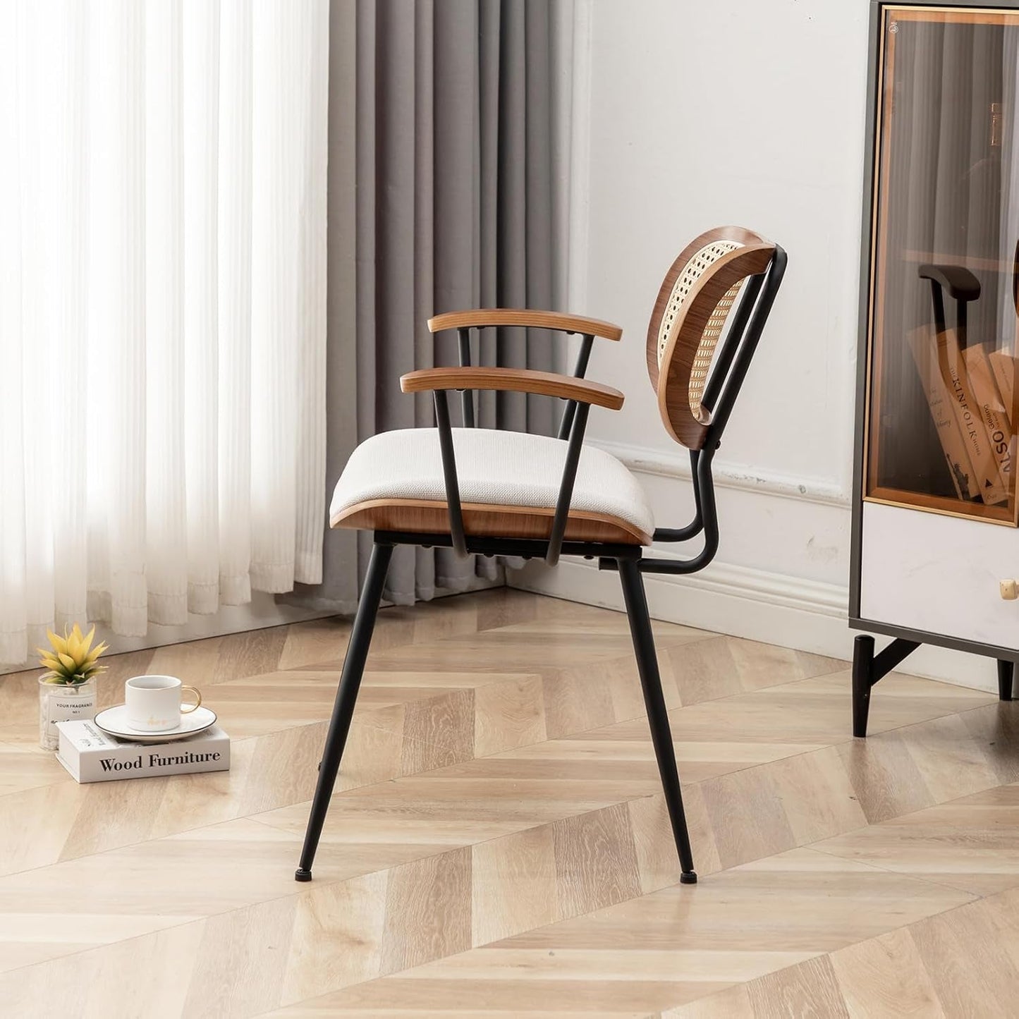 Rattan Dining Room Chairs Set of 2,Mid Century Modern Kitchen Side Chairs, Metal Legs Desk Chairs,Linen Fabric Accent Chairs with Arms and Rattan Backrest,Beige Fabric-2