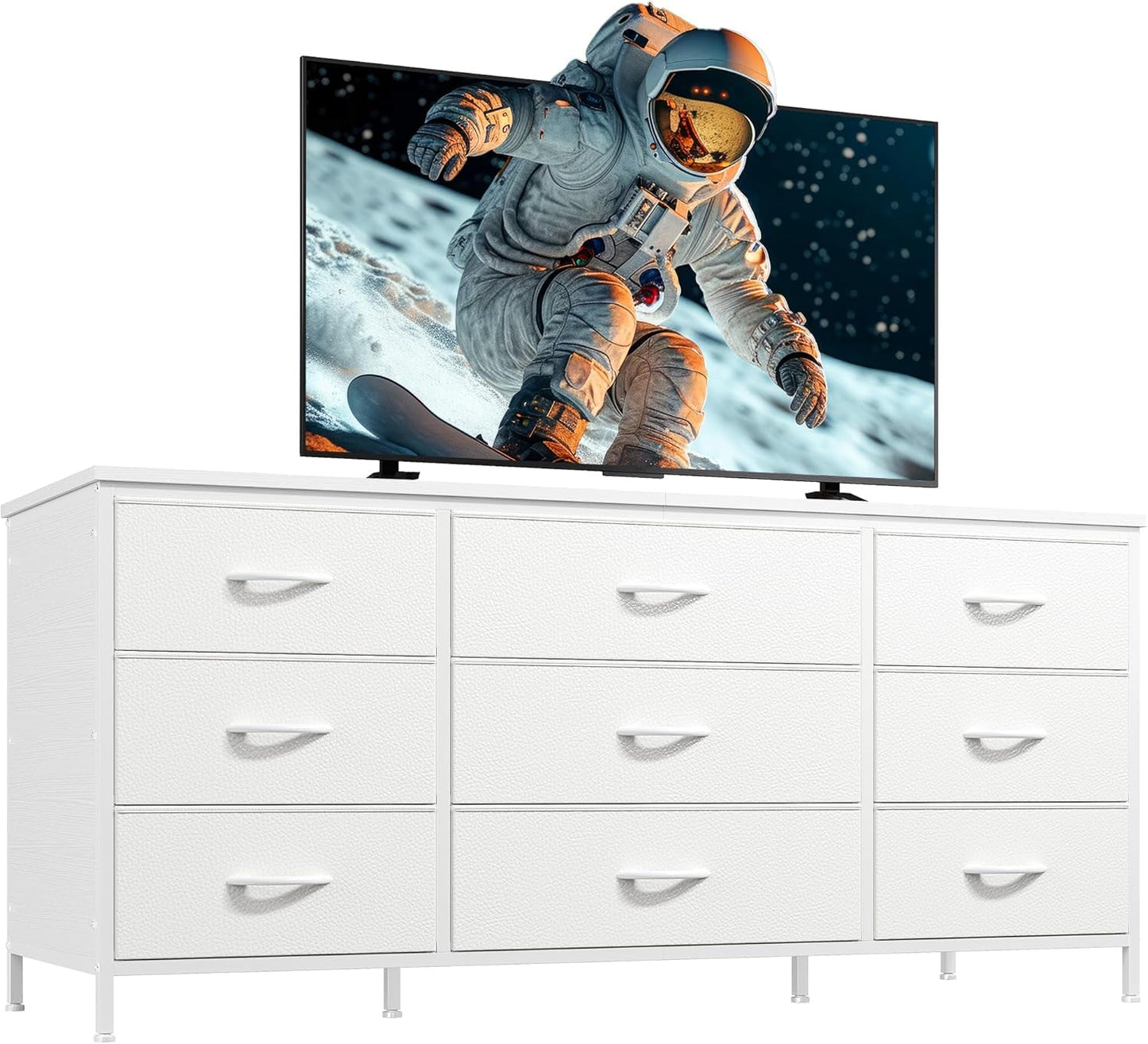 Dresser TV Stand with 9 Drawers for 60'' TV Stand for Bedroom Long Dresser for Bedroom Wide Dressers & Chests of Drawers, Sturdy Metal Frame & Wood Top, Living Room, Closet, White-0