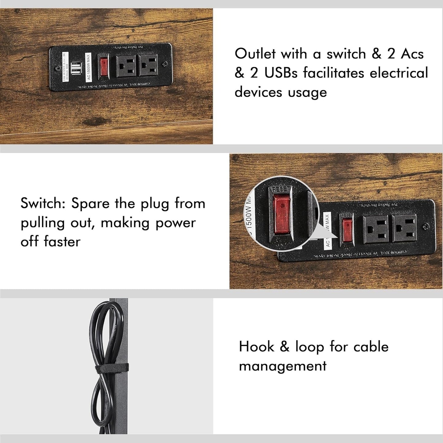 47 in Modern Computer Desk with Power Outlets and 2 USB Ports, Home Office Study Writing Desk with Hutch and Bookshelf, Large Workstation Gaming Table with Charging Station, Rustic Brown-4