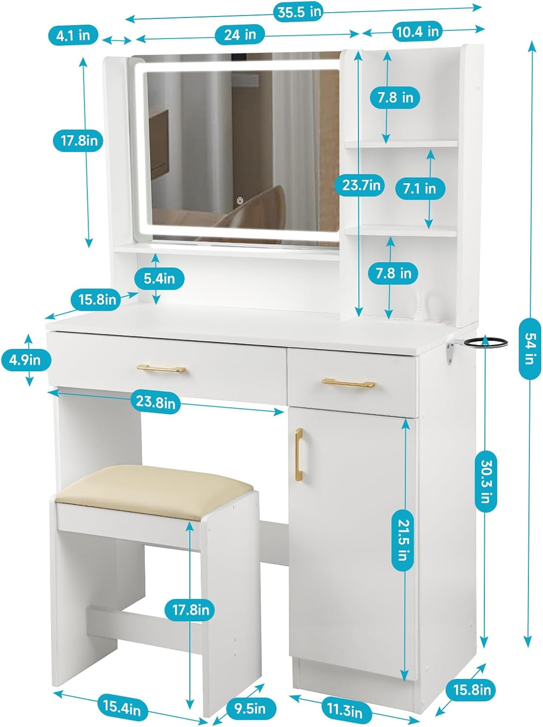 White Vanity Set Mirror, Lights, Drawers, Chair, Charge-4