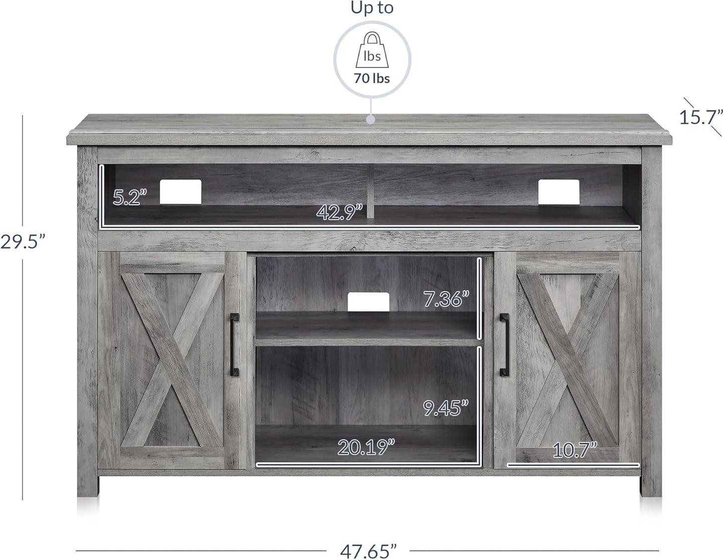 Modern 48 Inch Barn Door Wood TV Stand & Media Entertainment Center Console Table for Tvs up to 50 Inches with Two Open Shelves and Cabinets - Corin (Gray Wash)-4