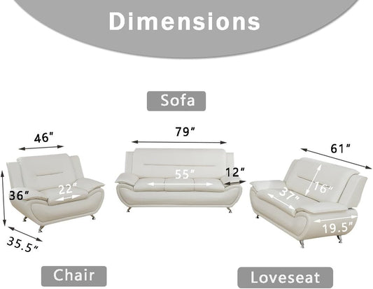 Leather 2 Piece Sofa Set, Sectional Couch, Modern Sofa for Living Room, Bedroom - B-Creamy White-1