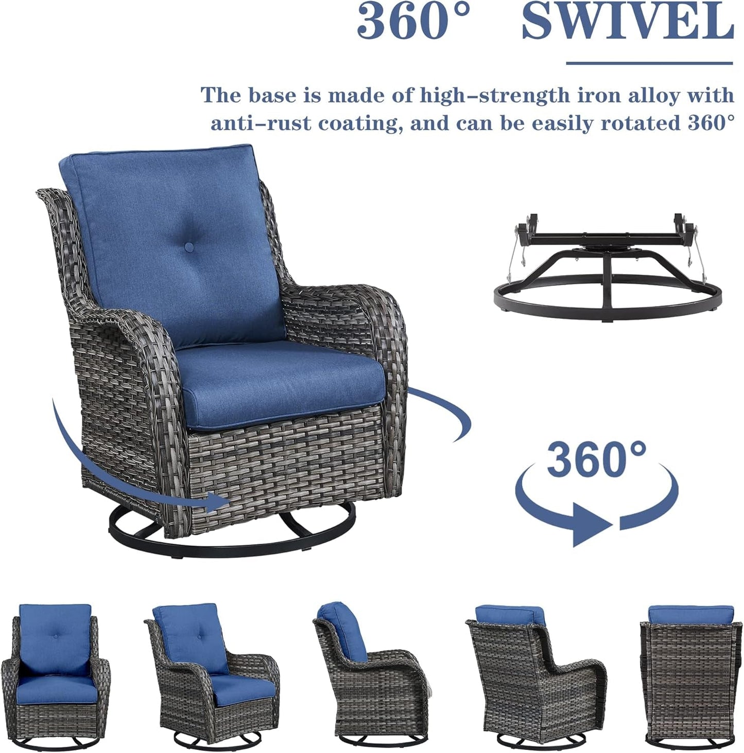 5 Pieces Patio Wicker Furniture Set - 4 Outdoor Swivel Rocker Glider Chairs with Propane Fire Pit Table, Patio Conversation Set Blue Cushion Perfect for Casual Gathering-2