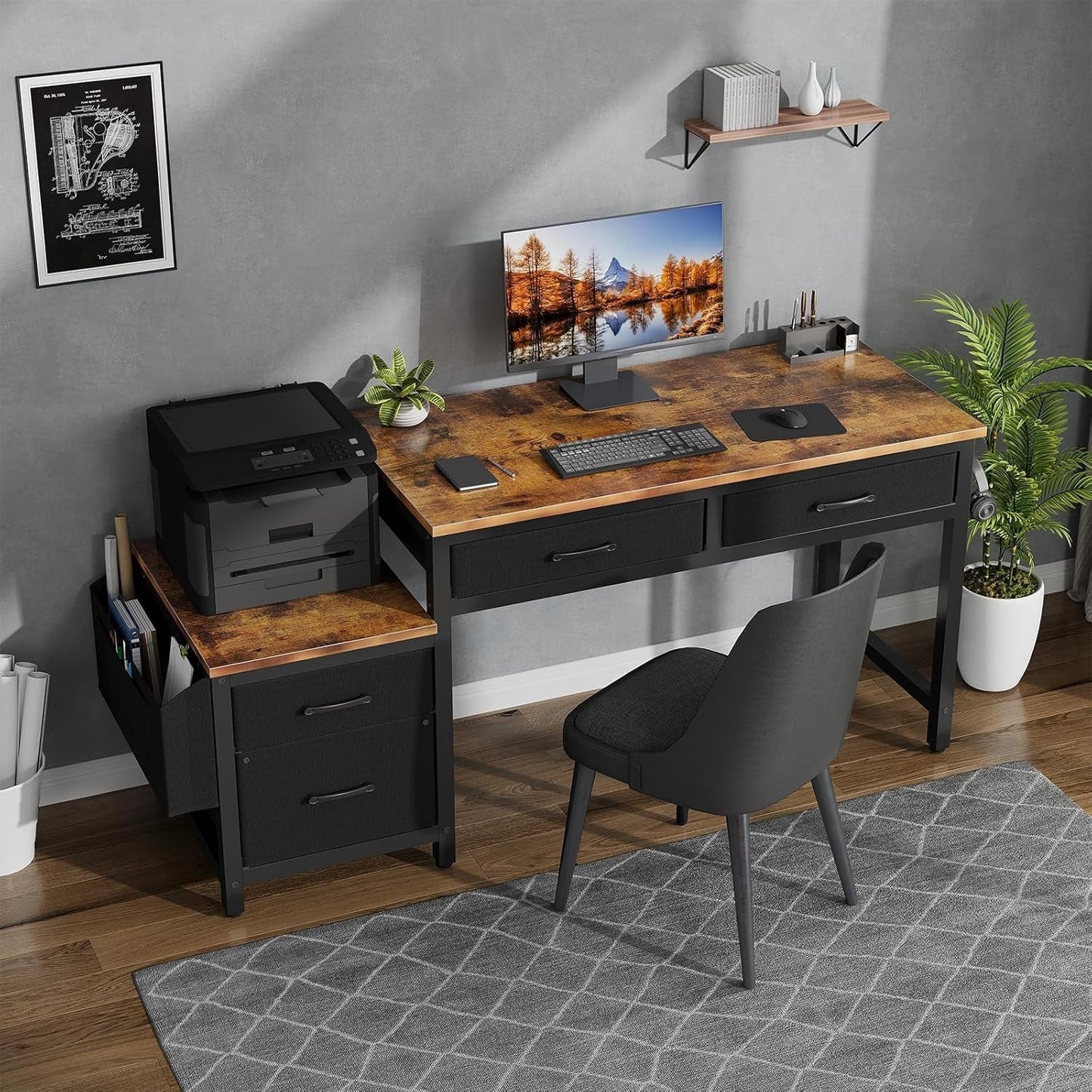 Computer Desk with Fabric File Drawers Cabinet, 57 Inch Home Office Desks with Filing Cabinet Printer Stand for Small Space, Study Writing Table PC Gaming Desks for Bedroom, Brown Black-4