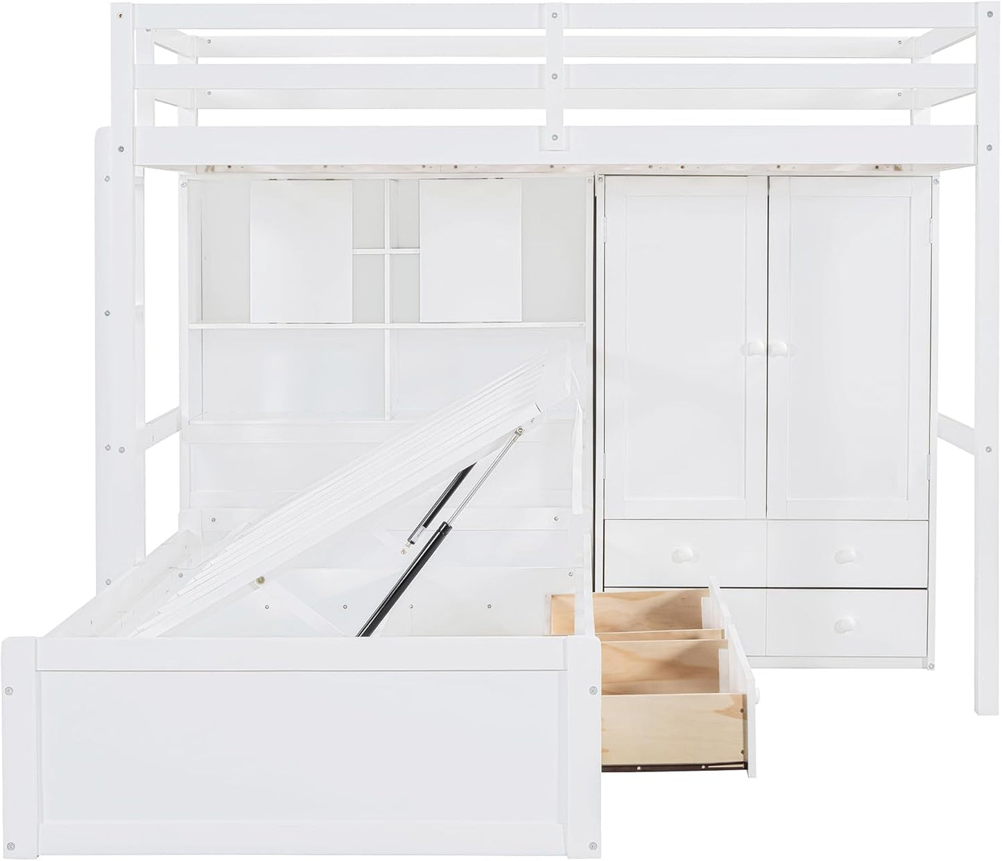 Twin Bunk Bed with Drawers, Wood Twin over Twin Bunk Bed with Wardrobe, Storage Shelves and Hydraulic Bed, White-3