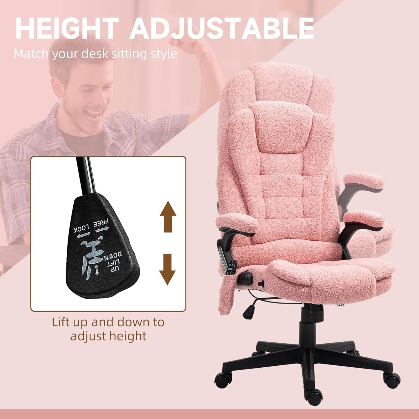 6 Point Vibrating Massage Office Chair with Heat, Velvet High Back Executive Office Chair with Reclining Backrest, Padded Armrests and Remote, Pink-4