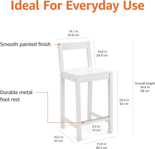 Wooden Bar Stool with Backrest, White, Set of 2-1