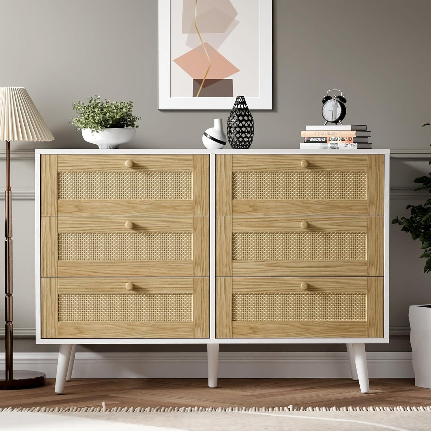6 Drawer Rattan Modern Dresser for Bedroom, Wooden Dresser Chest with Handles for Bedroom, Living Room and Hallway, White-2