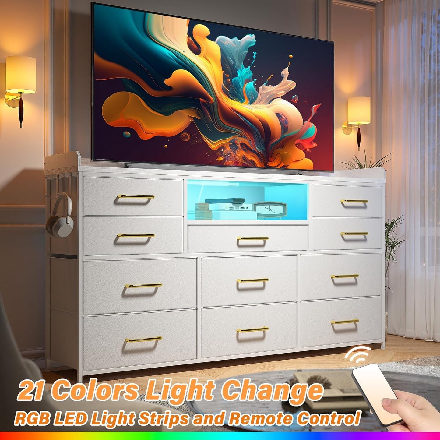 Dresser TV Stand with 11 Drawers for 60" TV Stand for Bedroom with LED Lights & Power Outlets Long Dresser for Bedroom with Shelves & 4 Hooks Sturdy Metal Frame & Wood Top, White-4