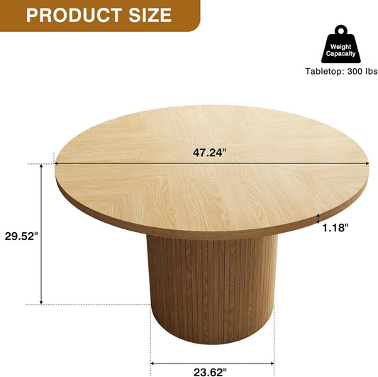 47 Inch round Dining Table, Farmhouse Fluted Dining Kitchen Table, Modern Wood Small Circle Dining Table for Kitchen Living Room, Natural-1