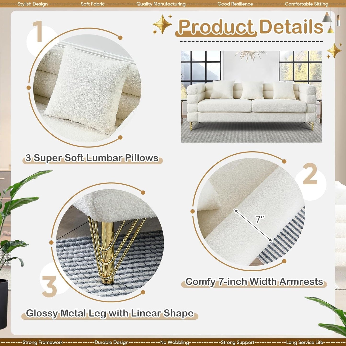 2 Piece Living Room Sofa Set, Comfy Boucle Couch with Loveseat and 3 Seater, Upholstered Sofa Couch with 2 Pillows and Deep Seat Design for Office, Waiting Room, White Teddy-3