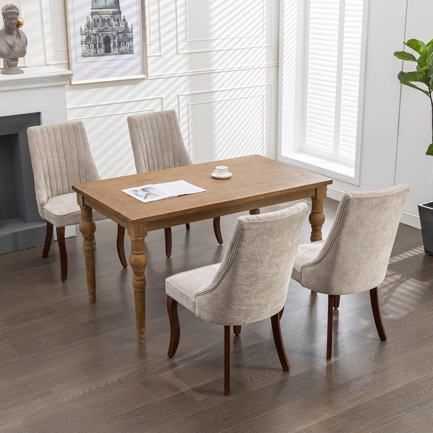 Velvet Dining Chairs Set of 4,Comfy Fabric Upholstered Accent Chairs for Kitchen Living Room,Channel Tufted Dining Room Chairs with Curved Solid Wood Legs(Beige)-3