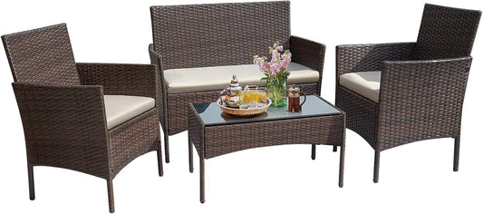 Outdoor Furniture Patio Set Cushioned PE Wicker Rattan Chairs with Coffee Table 4 PCS for Garden Poolside Porch Backyard Lawn Balcony Use (Brown&Beige)-1