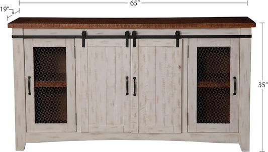 Rustic 65” Solid Wood TV Stand with Storage, White and Aged Distressed Pine-1