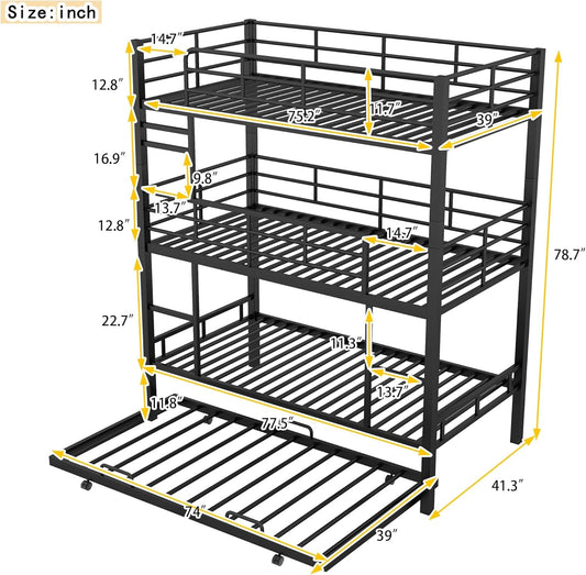 Metal Twin Size Triple Bunk Bed with Trundle for 4, Bunk Beds with 2 Ladders & Guardrails, Convertible to 3 Separate Beds for Kids Teens, Space-Saving, Black-1