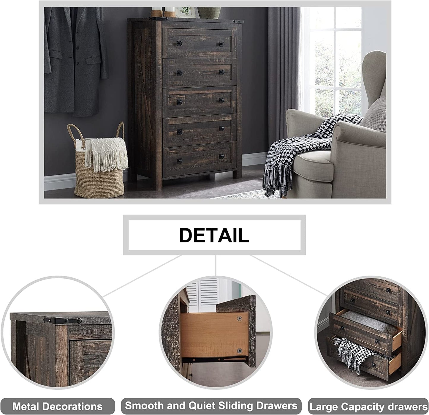 Dark Rustic Oak 5-Drawer Farmhouse Dresser-4