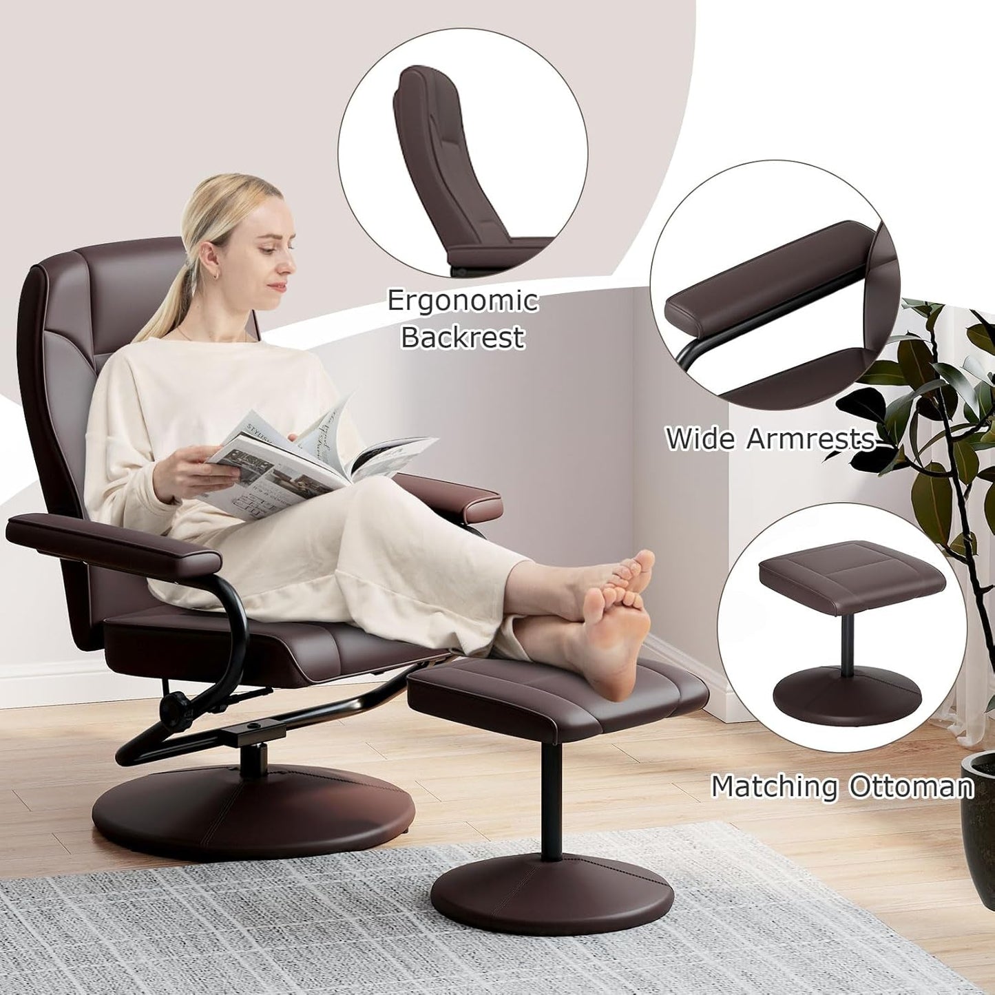 Recliner Chair with Ottoman, 360° Swivel Faux Leather Reclining Chair W/Adjustable Backrest, Footrest, Sturdy Metal Base, Upholstered Armchair for Living Room Bedroom Study, Office, Brown-3