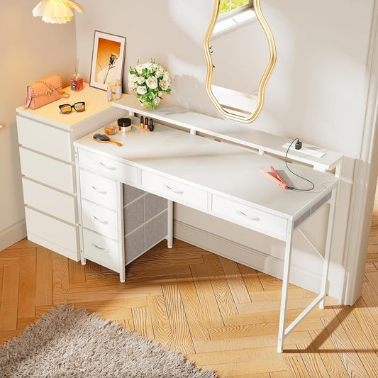 Gaming Desk with 6 Drawers, Computer Desk with LED Lights Power Outlets and Type-C, 47 Inch Office Desk with Storage, Monitor Stand, Writing Desk Work Desk Home Office, Bedroom, Study, White-1