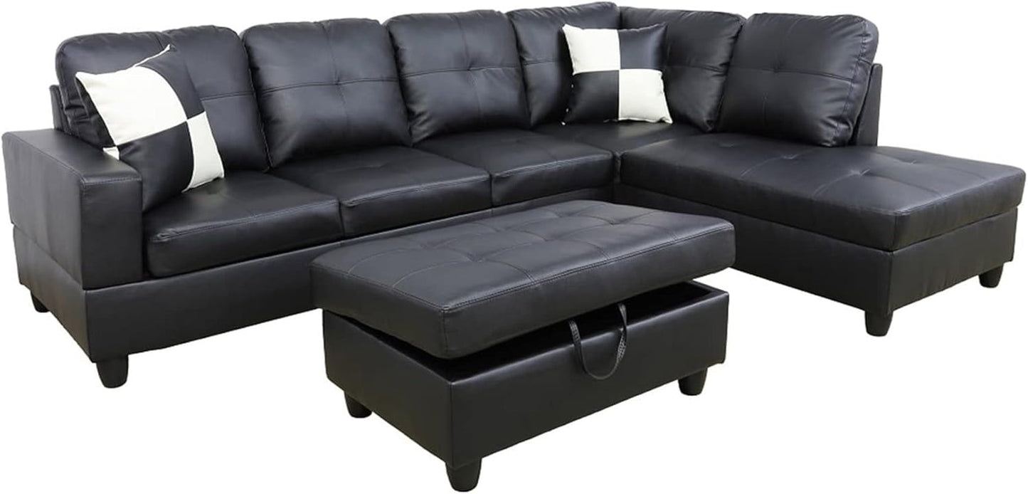 Sectional Sofa Faux Leather Modern L Shaped Couch Set 103.5”Wide Including Chaise and 3 Seating Sofa with Storage Ottoman for Living Room Furniture (Right Hand Facing, B-Black)-2