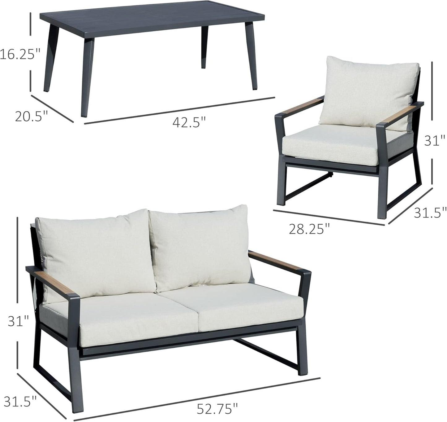 4 Piece Patio Furniture Set, Aluminum Conversation Set, Outdoor Garden Sofa Set with Armchairs, Loveseat, Center Coffee Table and Cushions, Cream White-4