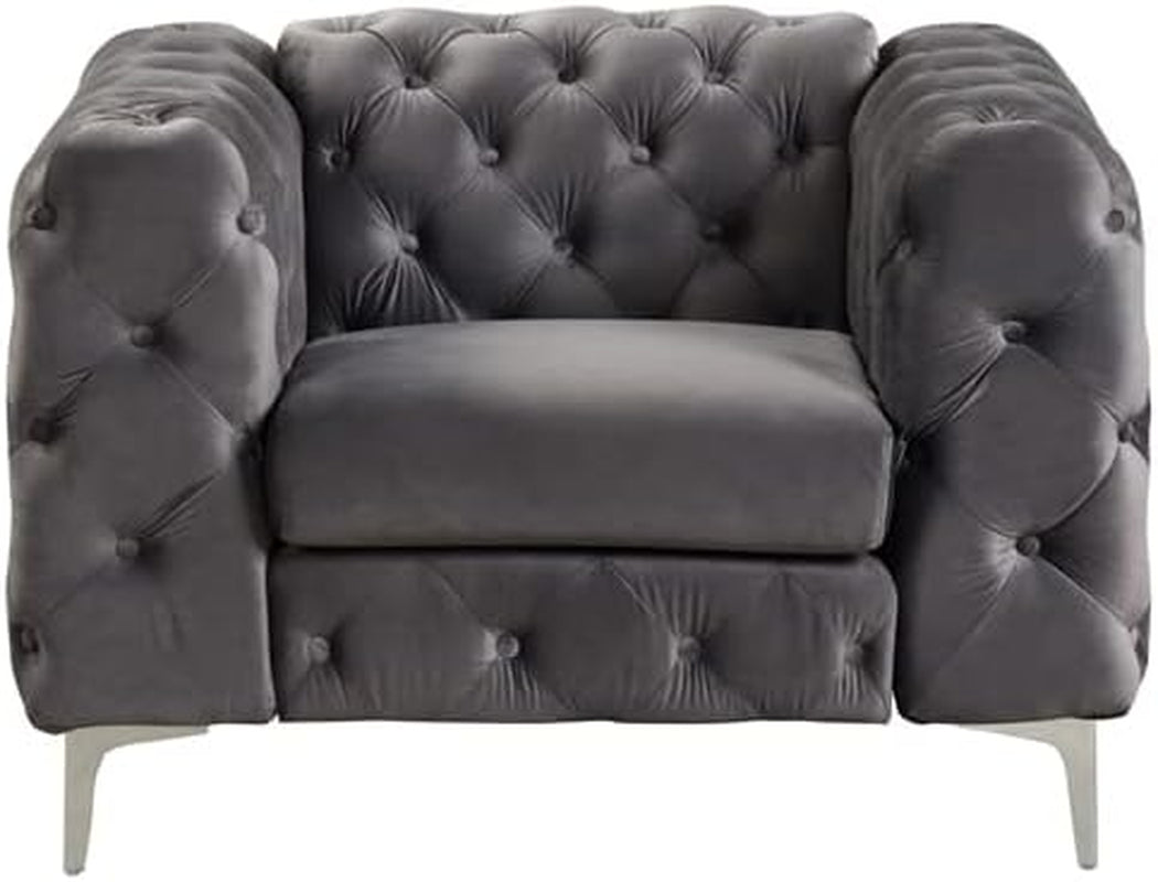3- Piece Button Tufted Velvet Fabric Livingroom Set -Grey-4