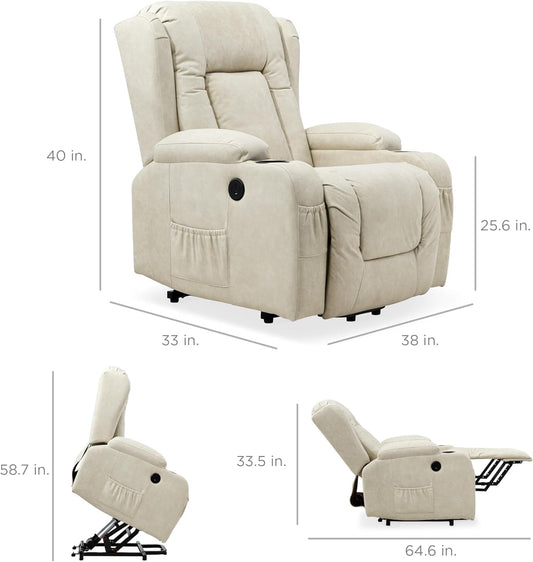 PU Leather Electric Power Lift Chair, Recliner Massage Chair, Adjustable Furniture for Back, Legs W/ 3 Positions, USB Port, Heat, Cupholders, Easy-To-Reach Side Button - Beige-1
