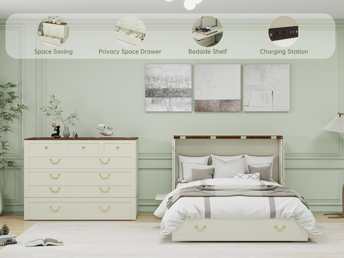 White Queen Murphy Bed Chest Drawers Charging-3