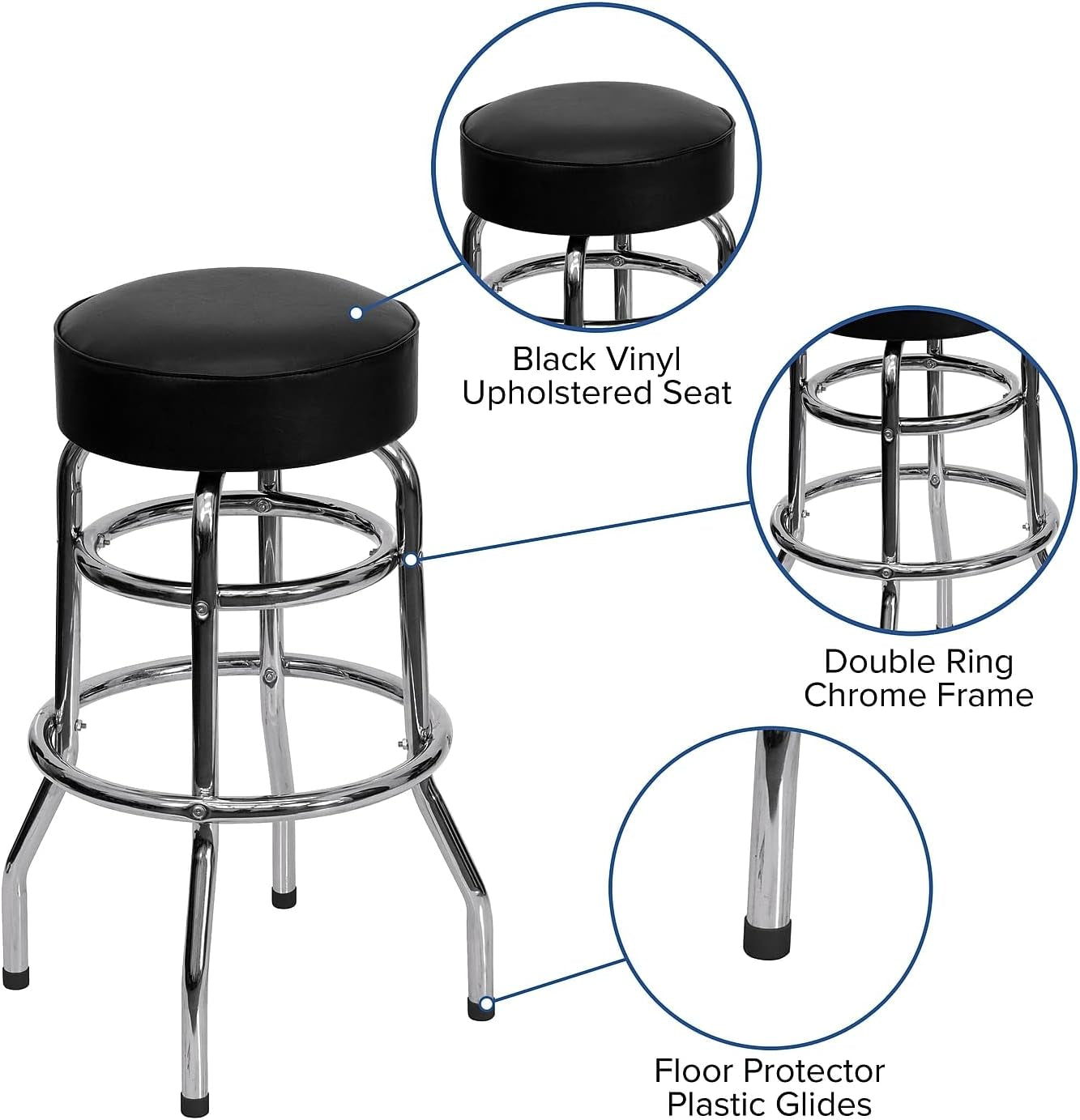 Bruno 2 Pack Double Ring Chrome Barstool with Black Seat-4