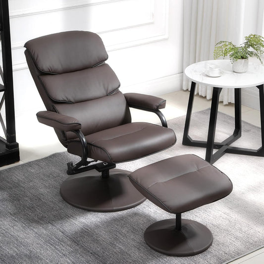 Recliner Chair with Ottoman, PU Leather Swivel High Back Armchair W/Footrest, 135° Adjustable Backrest and Thick Foam Padding, Brown-1