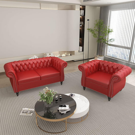 2 Piece Living Room Set, Chesterfield PU Leather Sofa Loveseat Couch Chair with Scroll Arms and Nailhead for Living Room, Office (PU Claret, 1-2)-1